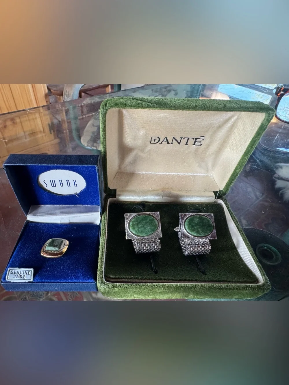 Vintage Mid Century Swank Tie Pin Genuine Jade & Dante Cufflinks Original Boxes!